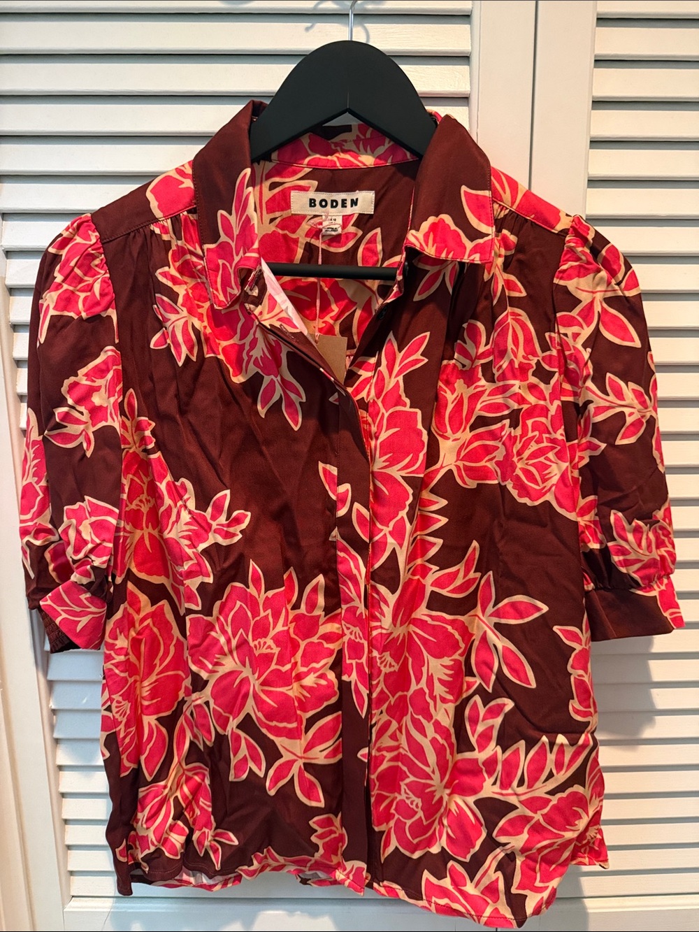Boden Pink Floral Button-Down on Brown Base